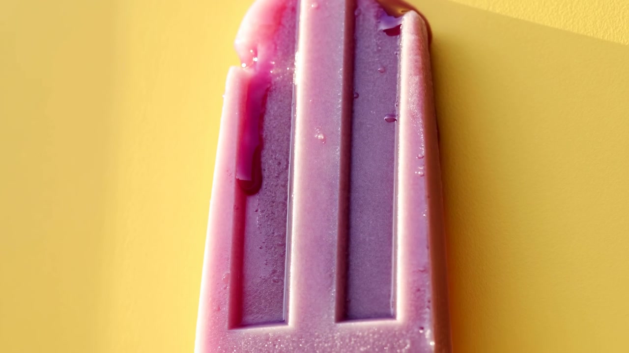 Top view close detail of pink and purple grooved popsicle melting on lemon yellow background, with glossy drips, softened edges, exposed wooden stick, frost, and vivid summer contrast