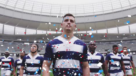 Animation-of-confetti-over-male-rugby-players-at-stadium