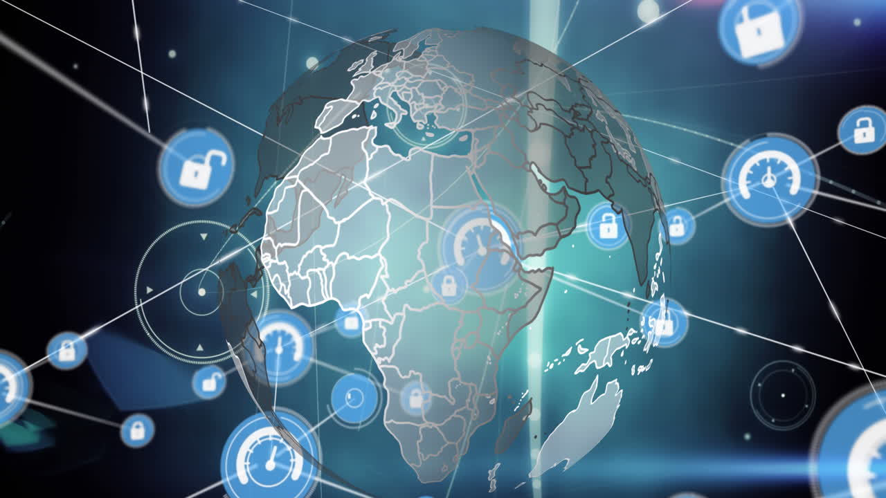 Animation of network of digital icons over spinning globe and blue light trails on black background