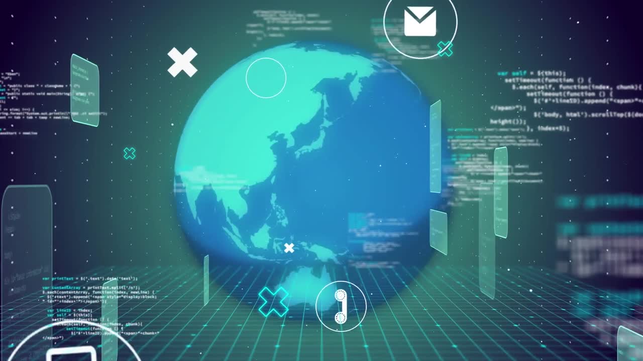 Animation of globe with icons and data processing