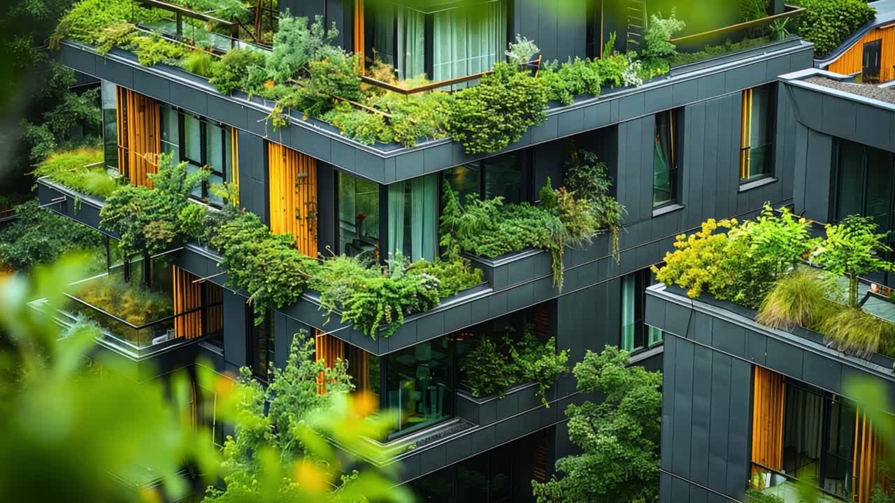 Modern Building with Lush Greenery and Rooftop Gardens