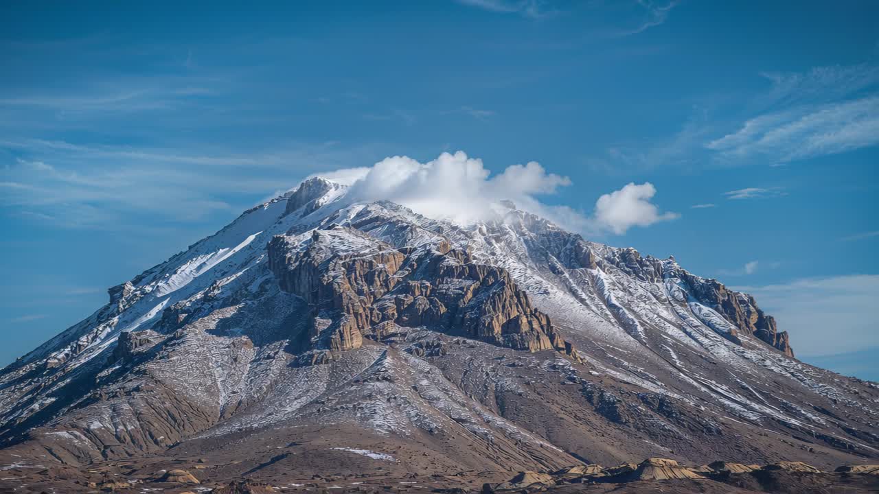Venti leggeri sollevano la nuvola sulla vetta e spingono piccoli cumuli su una montagna solitaria in un altopiano.