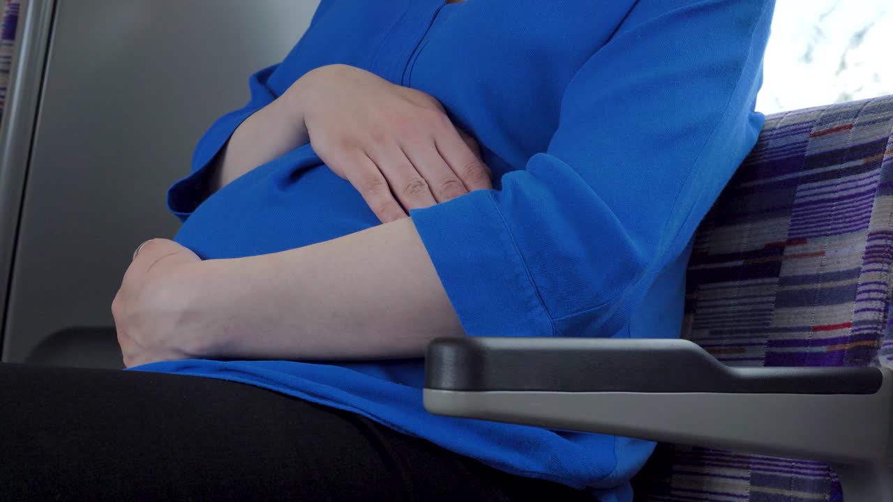 열차를 타고 있는 임신한 여성과 그녀의 배를 사랑스럽게 들고 있는