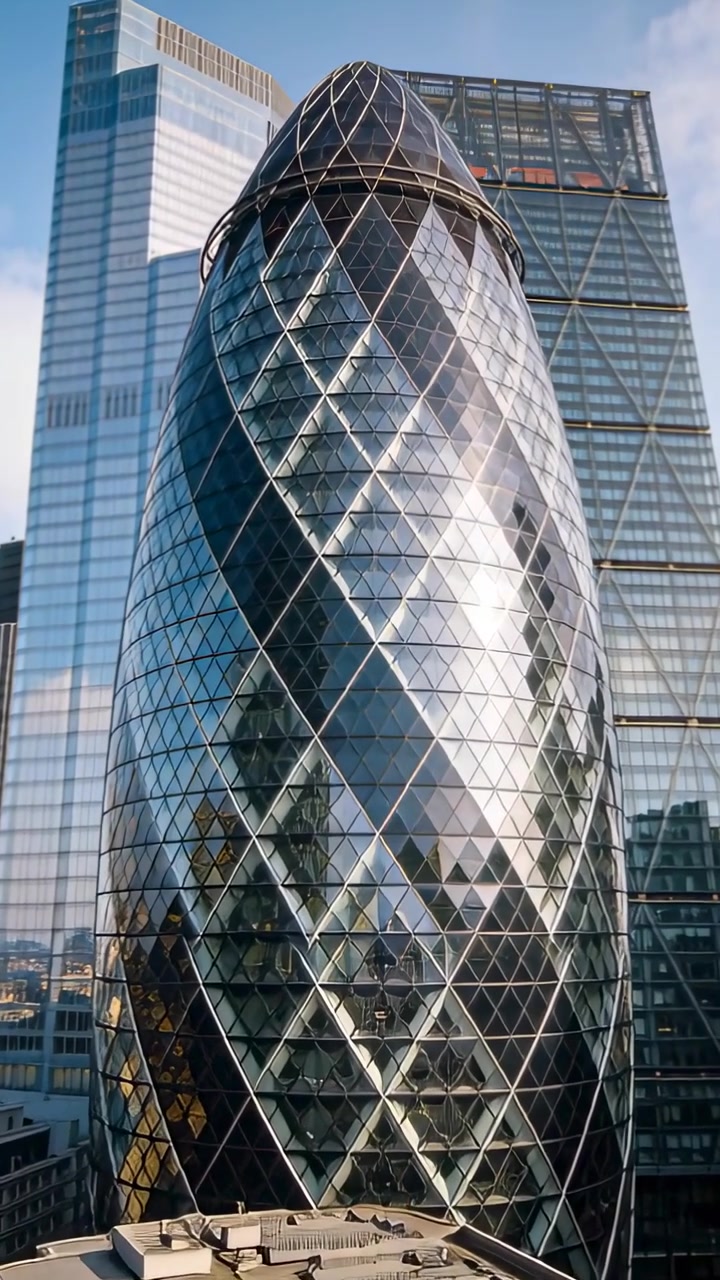 Vídeo vertical: Câmera se movendo revelando a torre Gherkin de um telhado, mostrando reflexos do ápice