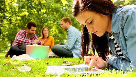 Cute-young-woman-using-her-tablet-while-lying-on-a-lawn