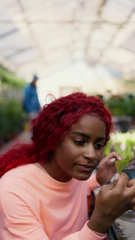 woman shopping for plants in a greenhouse