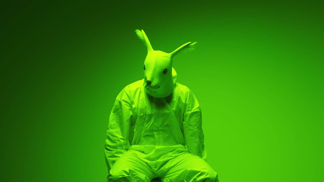 Person in Green Suit with Rabbit Mask