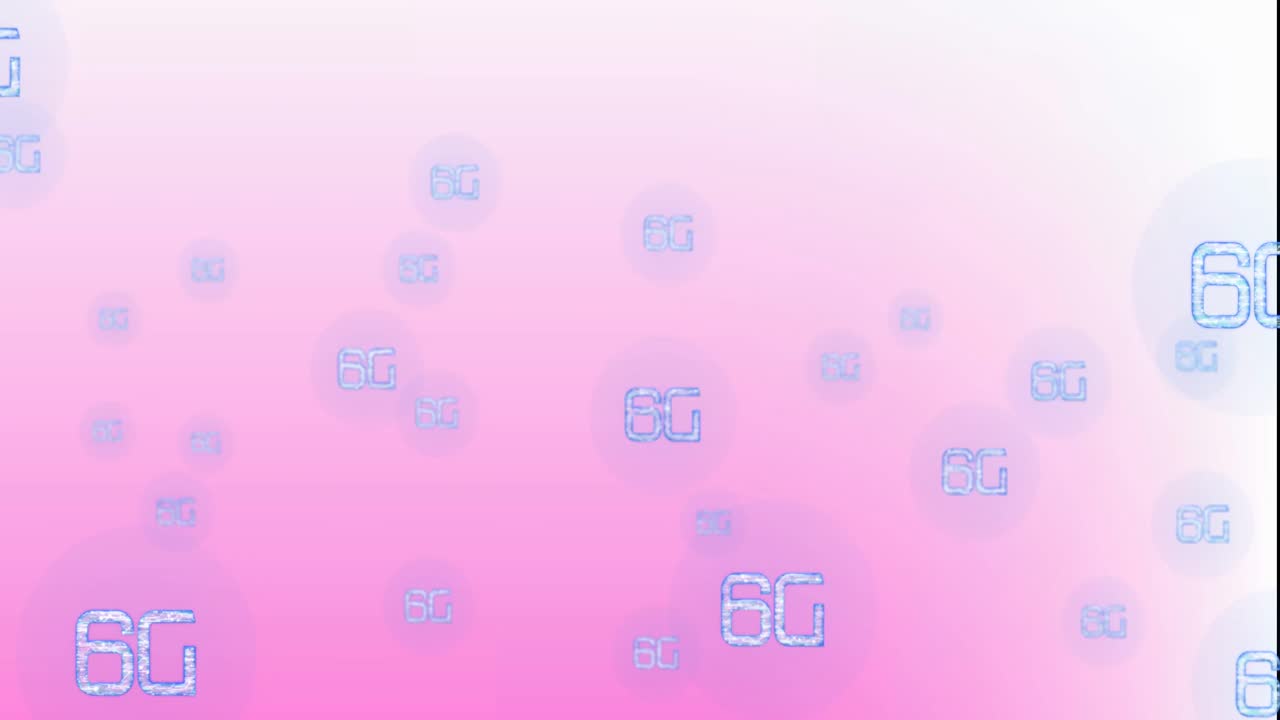animación de múltiples banners de texto 6g que flotan contra un fondo de gradiente rosa.