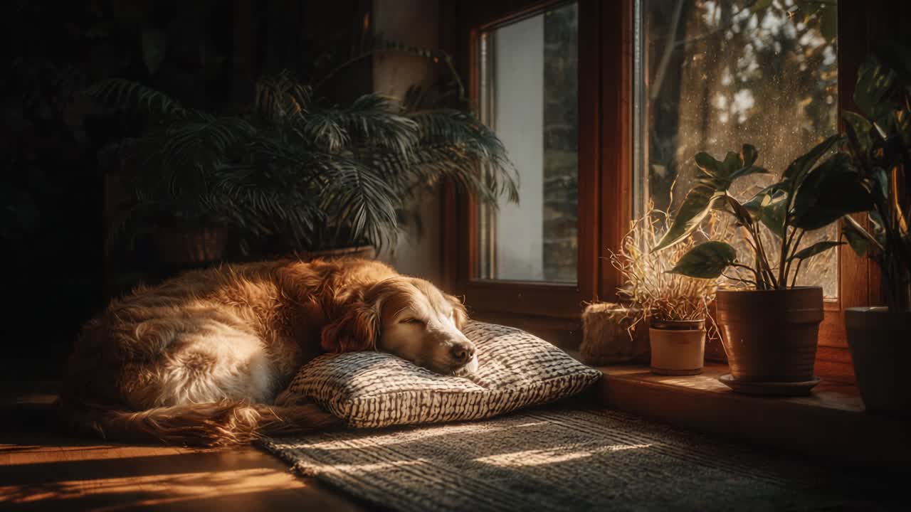 A Golden Retriever Enjoys a Cozy Afternoon Nap in the Warm Sunlight Streaming Through the Window Surrounded by Lush Greenery and Peaceful Indoor Atmosphere