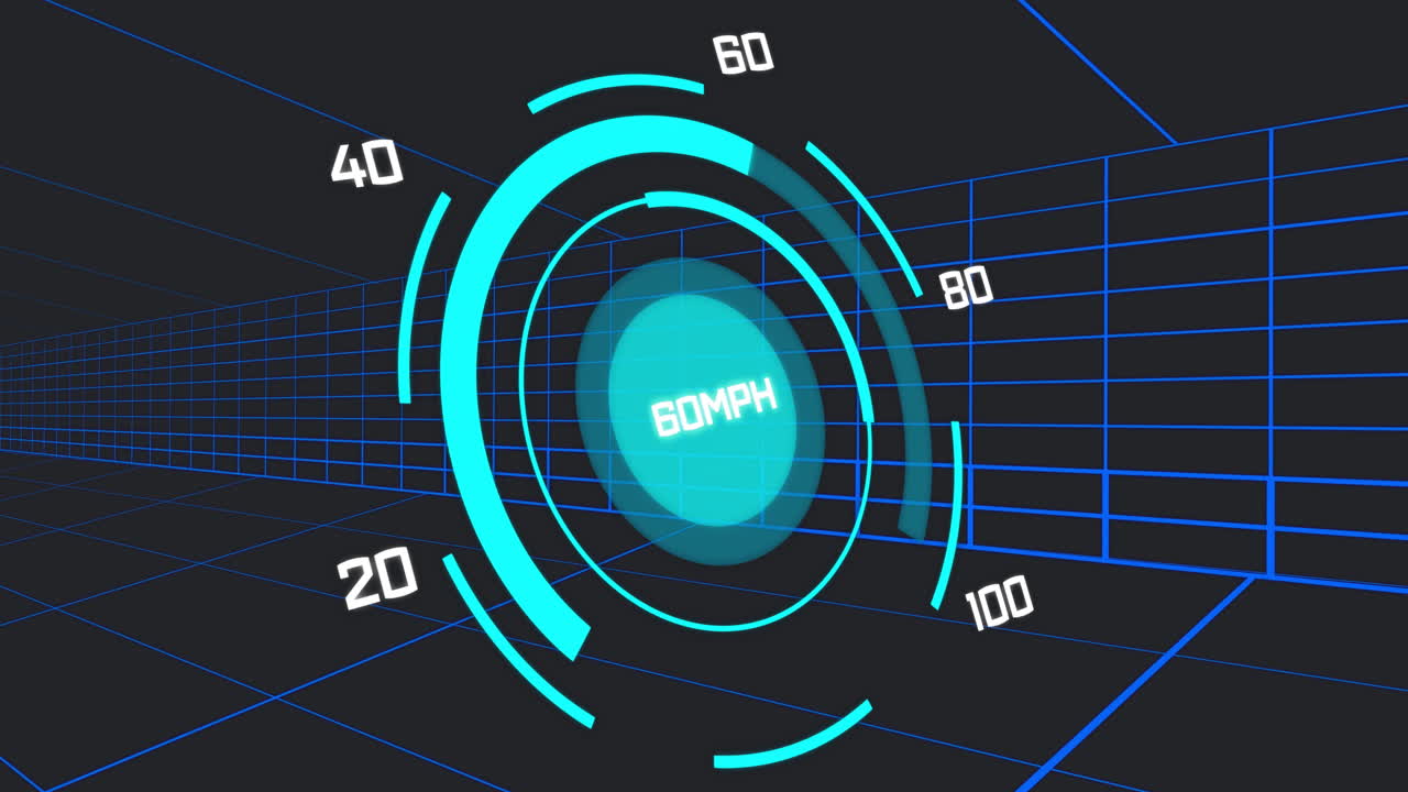 Futuristic speedometer animation displaying 60 MPH with digital grid background