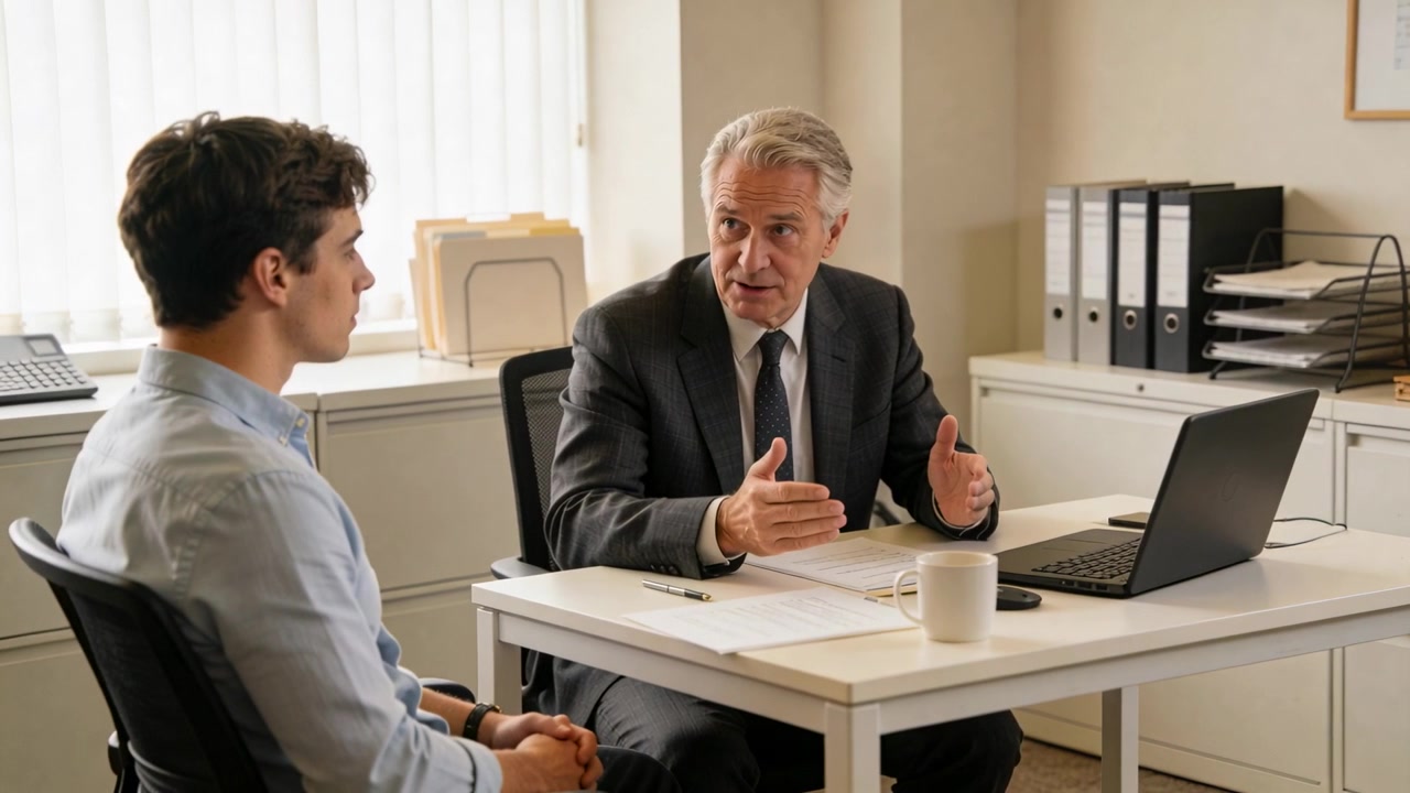 Talking senior in suit leading interview at office with laptop, candidate in blue shirt listening