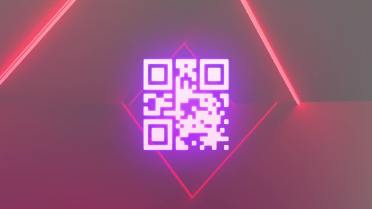 animación de escáner de código qr de neón y rastros de luz roja en un patrón sin costuras sobre fondo púrpura