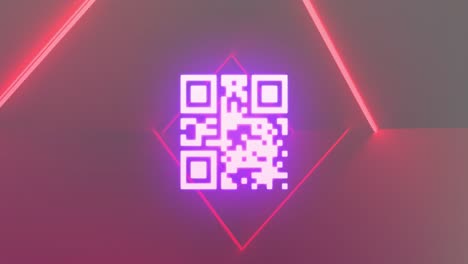 Animación-Del-Escáner-De-Códigos-Qr-De-Neón-Y-Senderos-De-Luz-Roja-En-Un-Patrón-Transparente-Sobre-Fondo-Púrpura