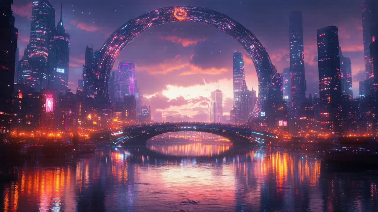 ciudad futurista al atardecer