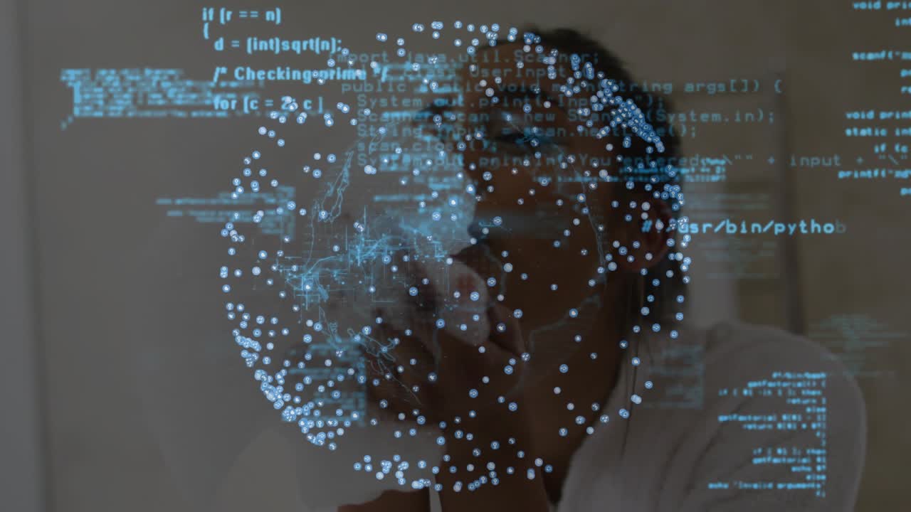 Woman blowing toward camera, creating holo sphere while code bands scrolling and showing data