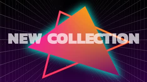 animation of new collection text over colorful shapes and grid