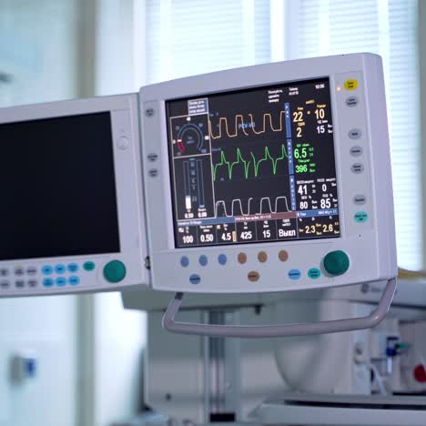 medical monitors in the operating theater. patient's signs of life on the screen. medical equipment in clinic. anesthesia surgery monitor. patient's heartbeat on screen.