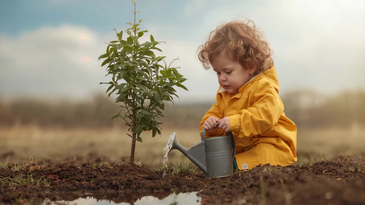 Child Watering a Newly Planted Tree