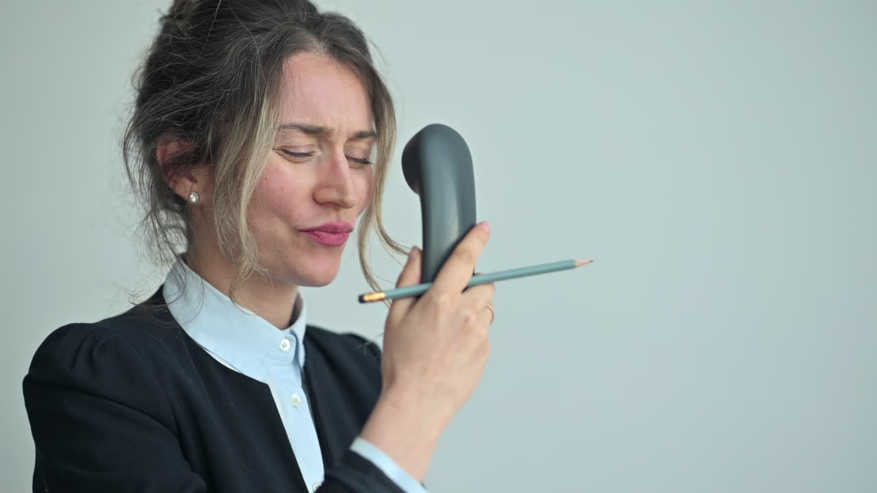 Angry businesswoman shouting into a telephone handset at work