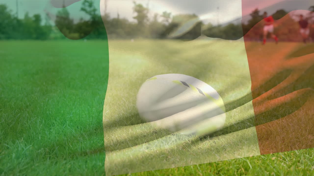 jugadores de rugby haciendo ejercicios físicos con una bandera irlandesa