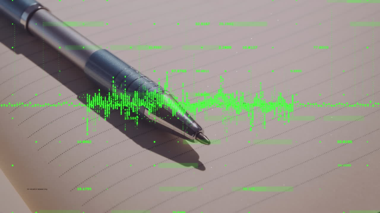 Animazione di un grafico in movimento con numeri variabili su una penna su un quaderno sullo sfondo.