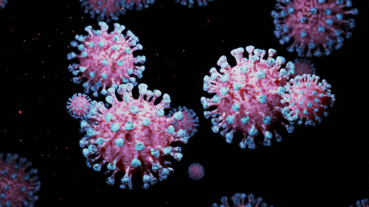 close-up coronavirus tipo covid-19, h1n1, gripe aviar o gripe porcina se mueven suavemente en fluido representación 3d del virus como fondo de bucle microscópico microbiológico. gradiente azul rojo