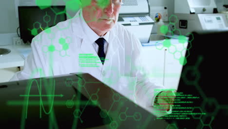 Animation of scientific data processing over caucasian male scientist in laboratory