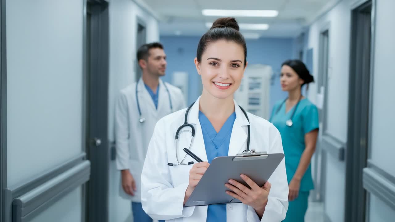 Glancing at camera, doctor wearing white coat writing patient notes in hall, with clipboard and pen