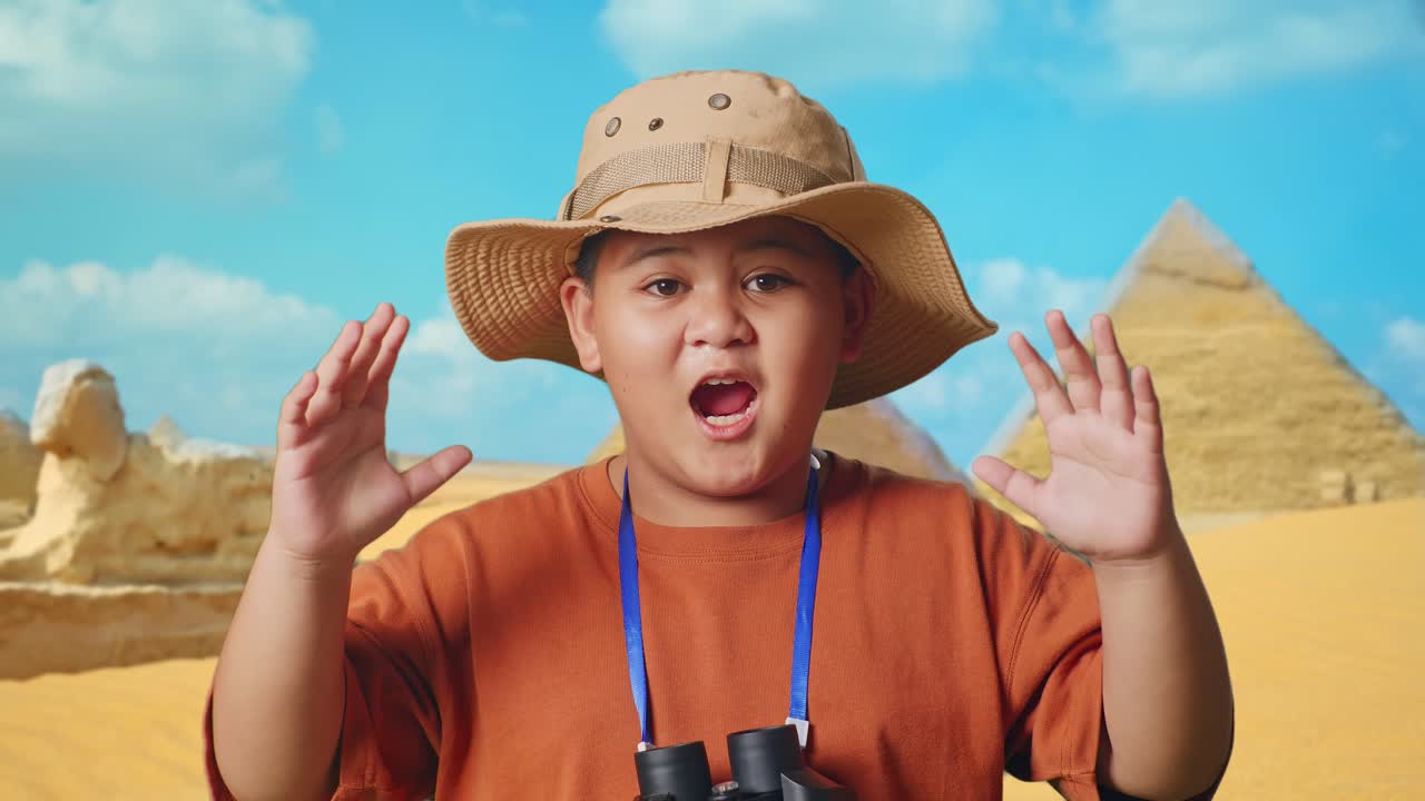 Excited Boy Explorer in front of Pyramids