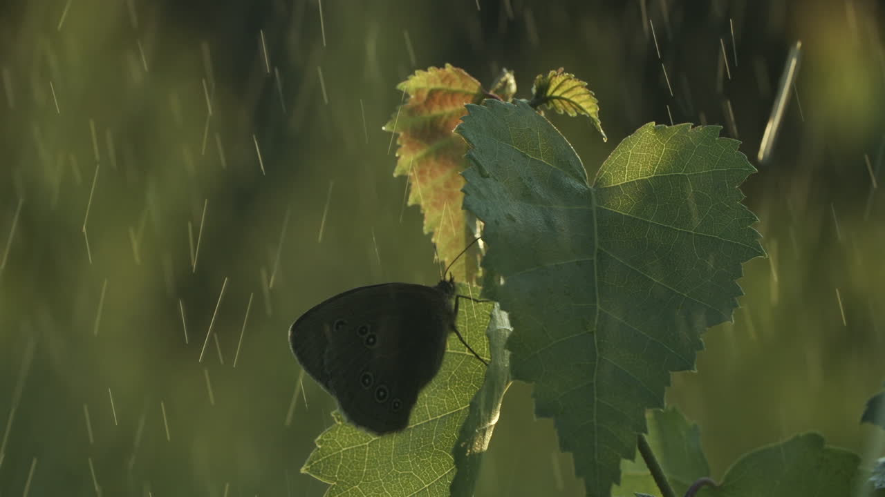 mariposa en una hoja durante la lluvia
