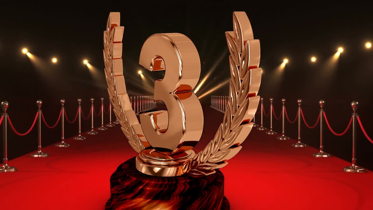 Animation of third place award trophy at floodlit, red carpet winners' prize giving ceremony