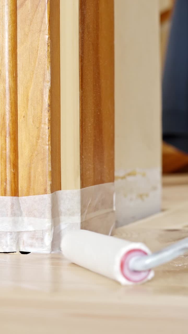 Vertical static close-up of a small roller applying varnish to a light hardwood floor next to a taped wooden post, showing precise detailing during an interior home renovation process