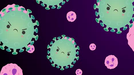 animación de virus verdes sobre células rosadas en un fondo violeta