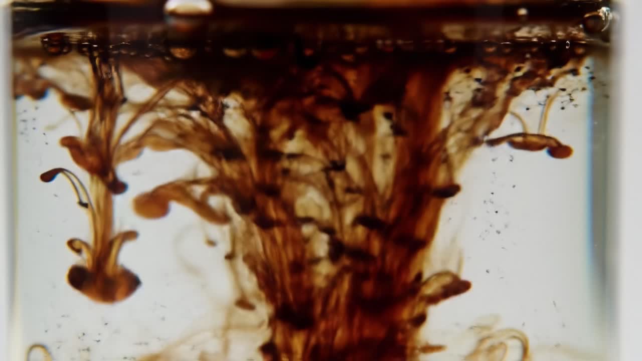 Captivating Visuals of Fluid Dynamics: The Mesmerizing Interaction of Dark Liquid with Clear Medium, Creating Patterns and Textures in Motion
