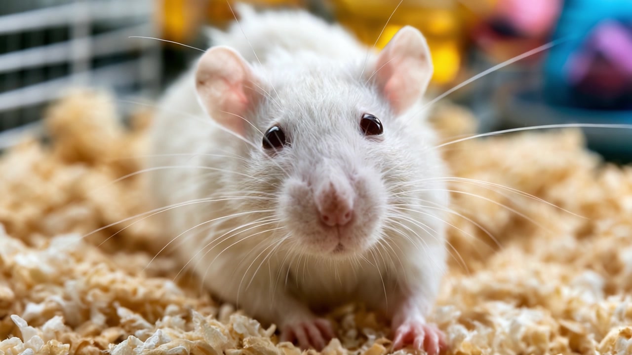 Un affascinante ratto domestico bianco che esplora il suo recinto con curiosità e giocosità, mostrando le sue adorabili caratteristiche e la sua personalità unica in un ambiente accogliente.