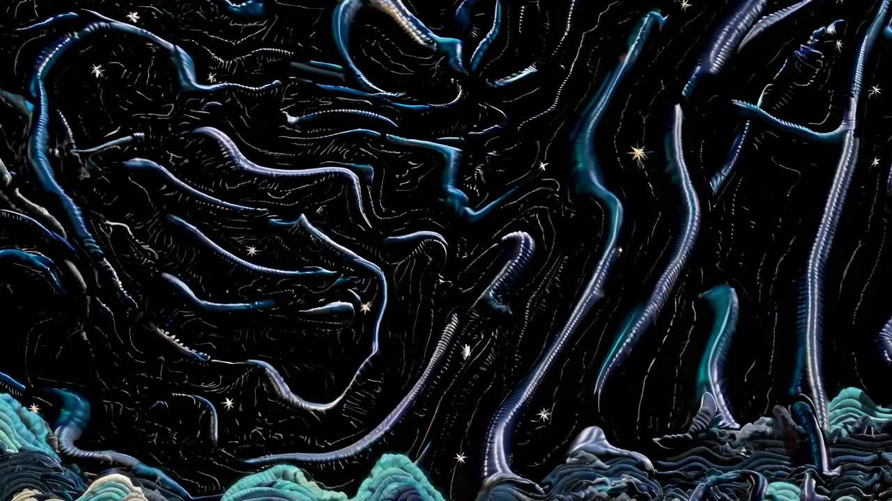 Surreal video art with a celestial theme, featuring a glowing moon and swirling starry sky