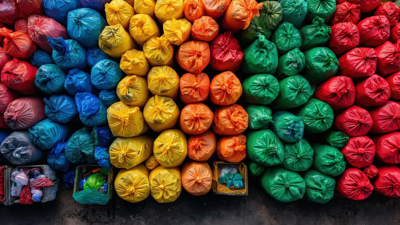 A Vibrant Display of Colorful Waste Bags in a Stacked Formation, Showcasing the Spectrum of Reds, Yellows, Greens, and Blues for Recycling and Waste Management Initiatives