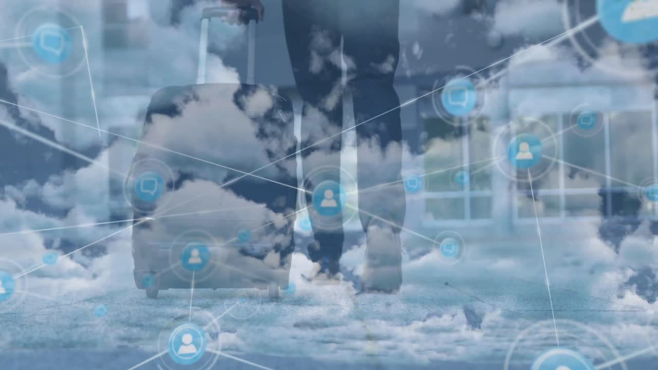 트롤리 가방으로 는 사업가에 대항하여 구름 위에 프로필 아이콘 네트워크의 애니메이션