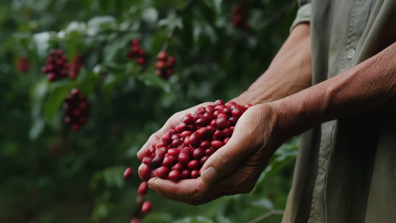 Hands holding freshly harvested red coffee cherries