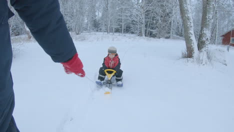 hand pulling a sled on snow with son riding at winter in sweden