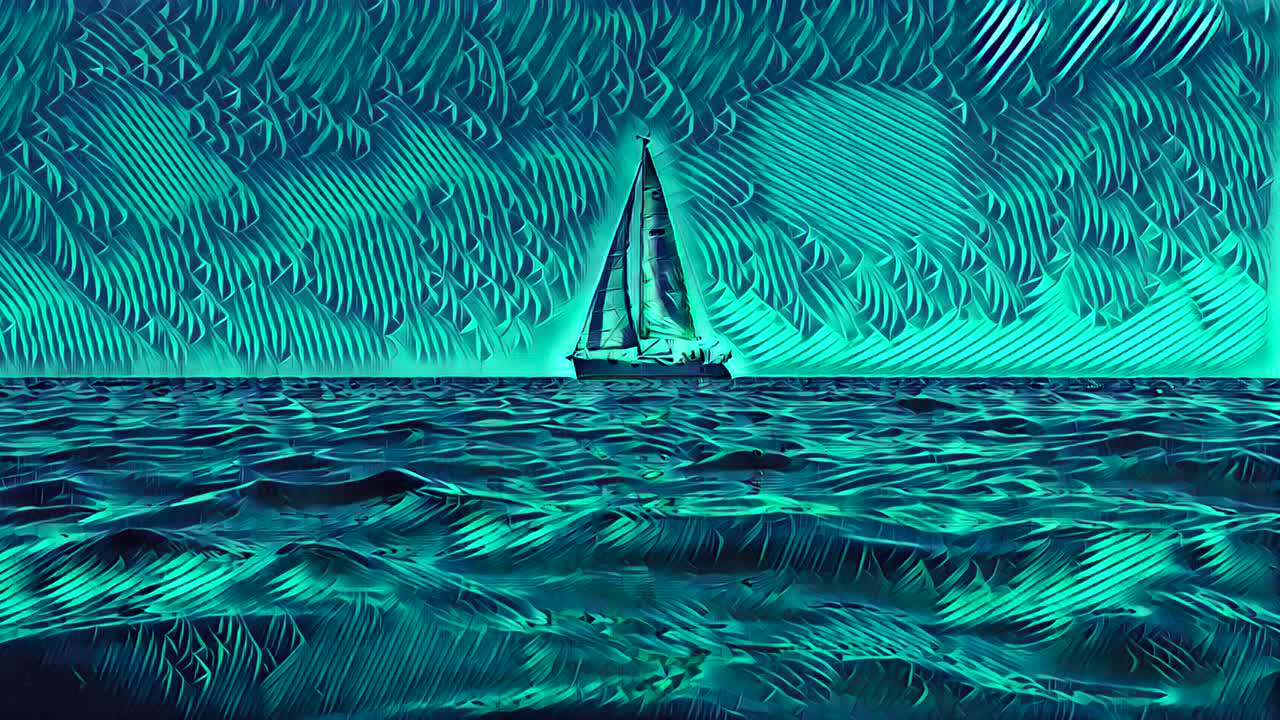 animación a nivel del mar en ángulo bajo de un pequeño yate navegando en aguas tranquilas y abiertas