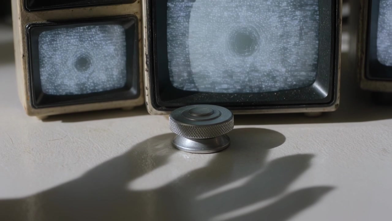 Moving hand shadow approaching knurled knob on tabletop, causing shift with CRT static rising
