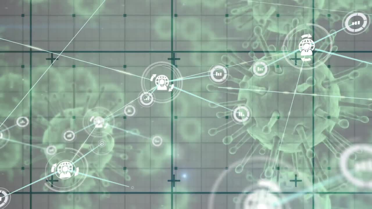 red de iconos digitales sobre red de rejilla contra múltiples células de covid-19 en fondo gris