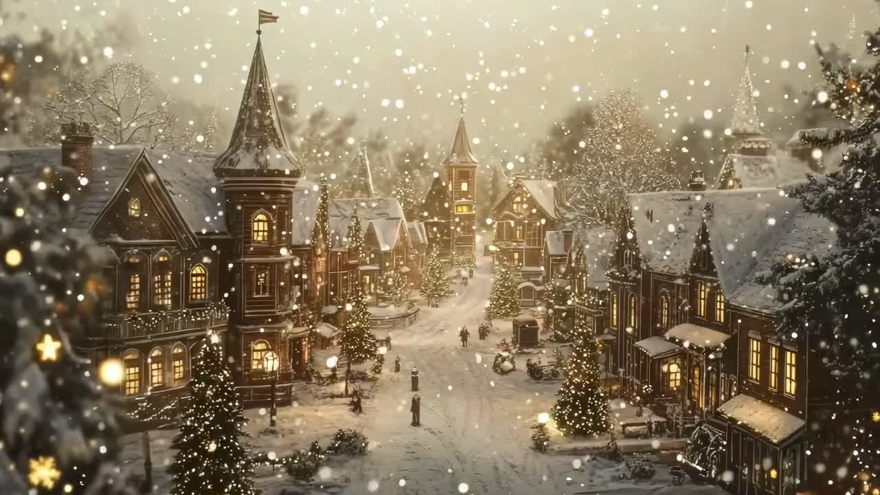 Aerial view of a snowy, vintage village at dusk, with warm lights glowing