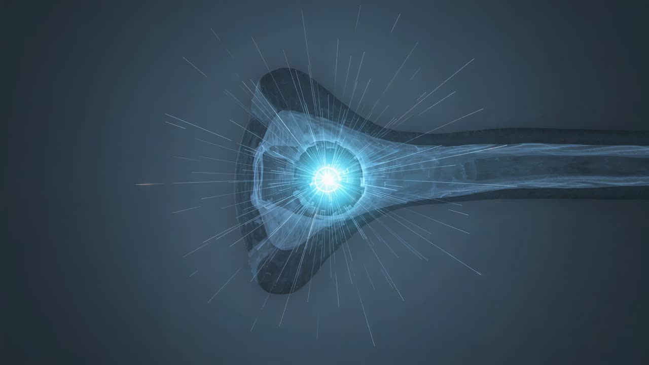 Pulsing blue sphere causing light flicker within clear bone socket in medical lab, streaks