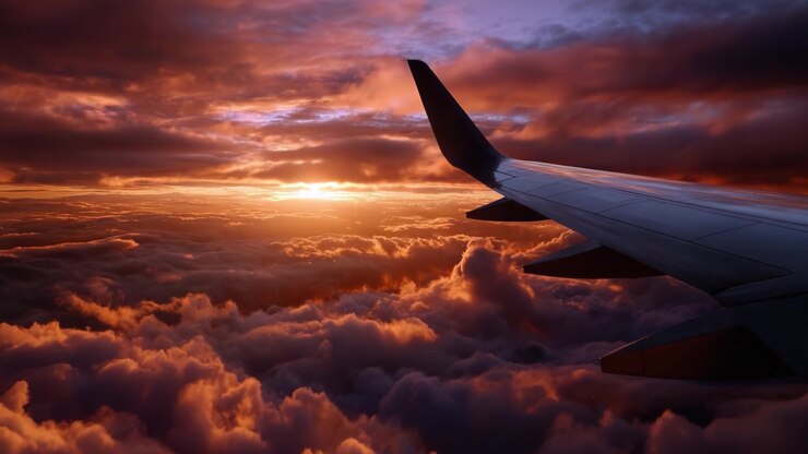 Une vue captivante du coucher de soleil depuis l'aile d'un avion au-dessus des nuages, affichant des couleurs vibrantes dans le ciel du soir et créant une atmosphère sereine