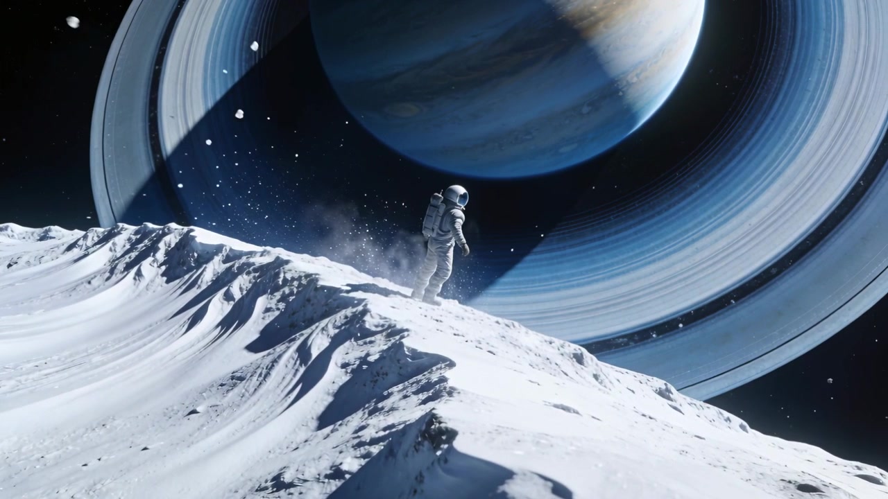 Walking explorer in suit pack sliding from icy crest kicking dust viewing ringed giant, copy space