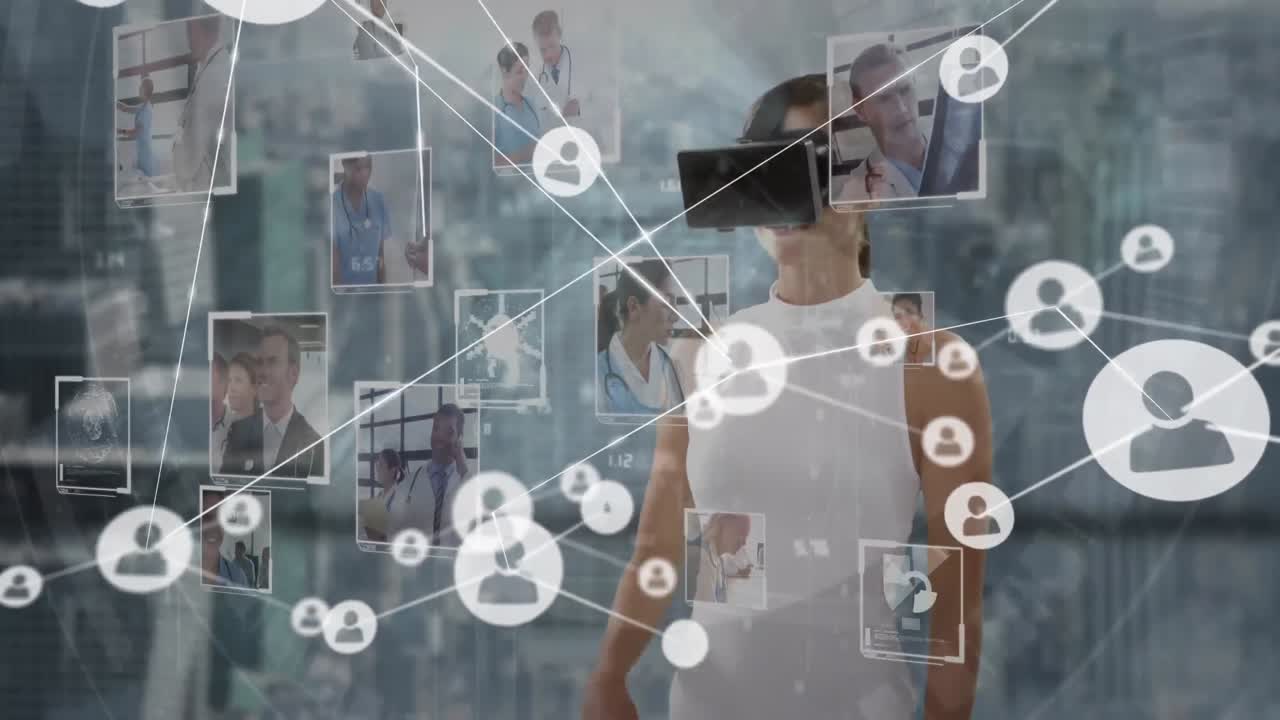 conectores en movimiento y datos digitales sobre una mujer usando casco vr