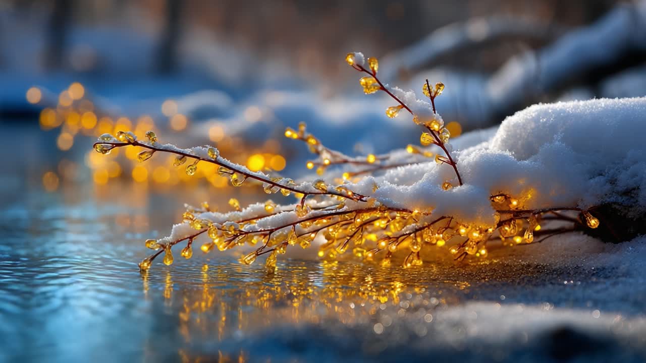 A Tranquil Winter Scene with Glimmering Fairy Lights Adorning Snow-Covered Branches by a Serene Waterway, Capturing the Beauty of Nature's Winter Wonderland