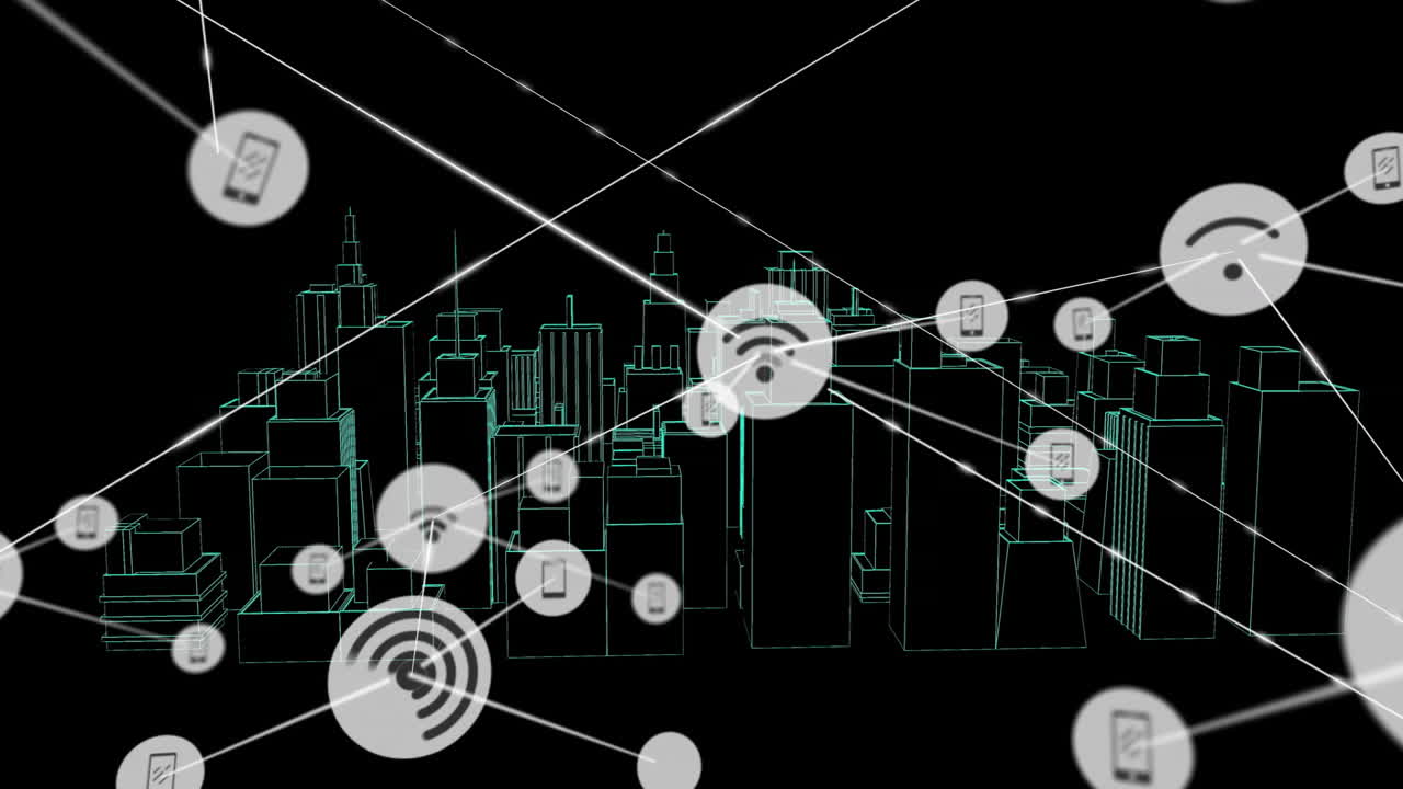 Network connectivity and smart city technology animation over cityscape